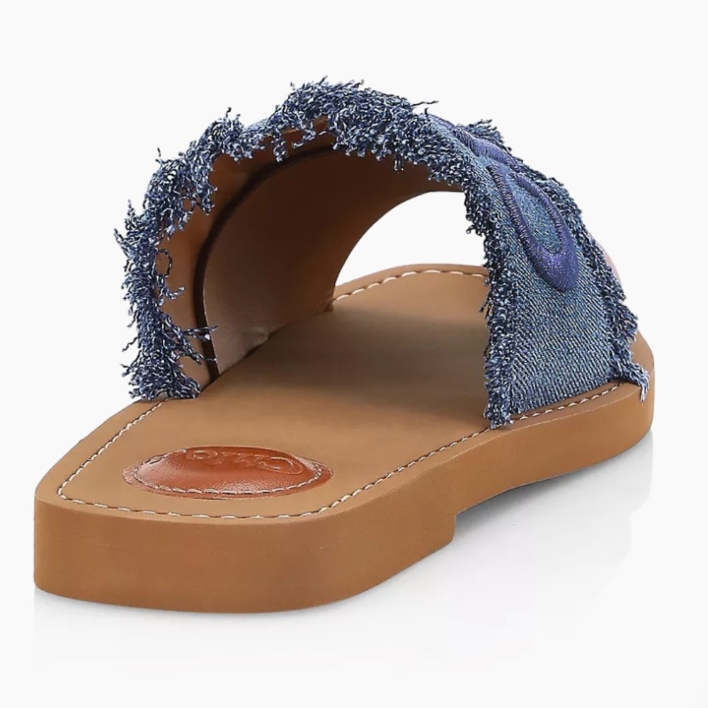 NWT 100% Authentic Chloe Woody Logo Flat Denim Slide Sandals - Picture 3 of 16